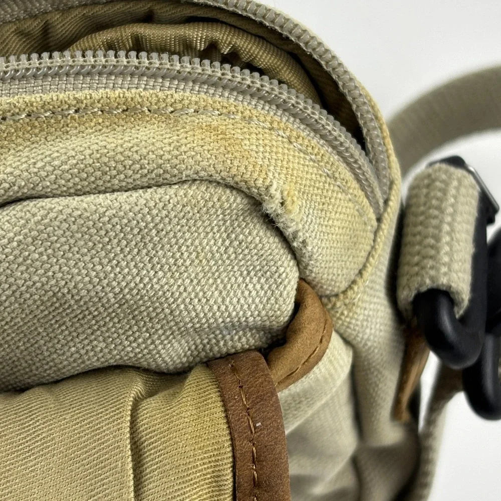 VTG L.L. Bean Canvas Crossbody Bag Small‎ Tan Brown Leather Trim Messenger 6x6in
